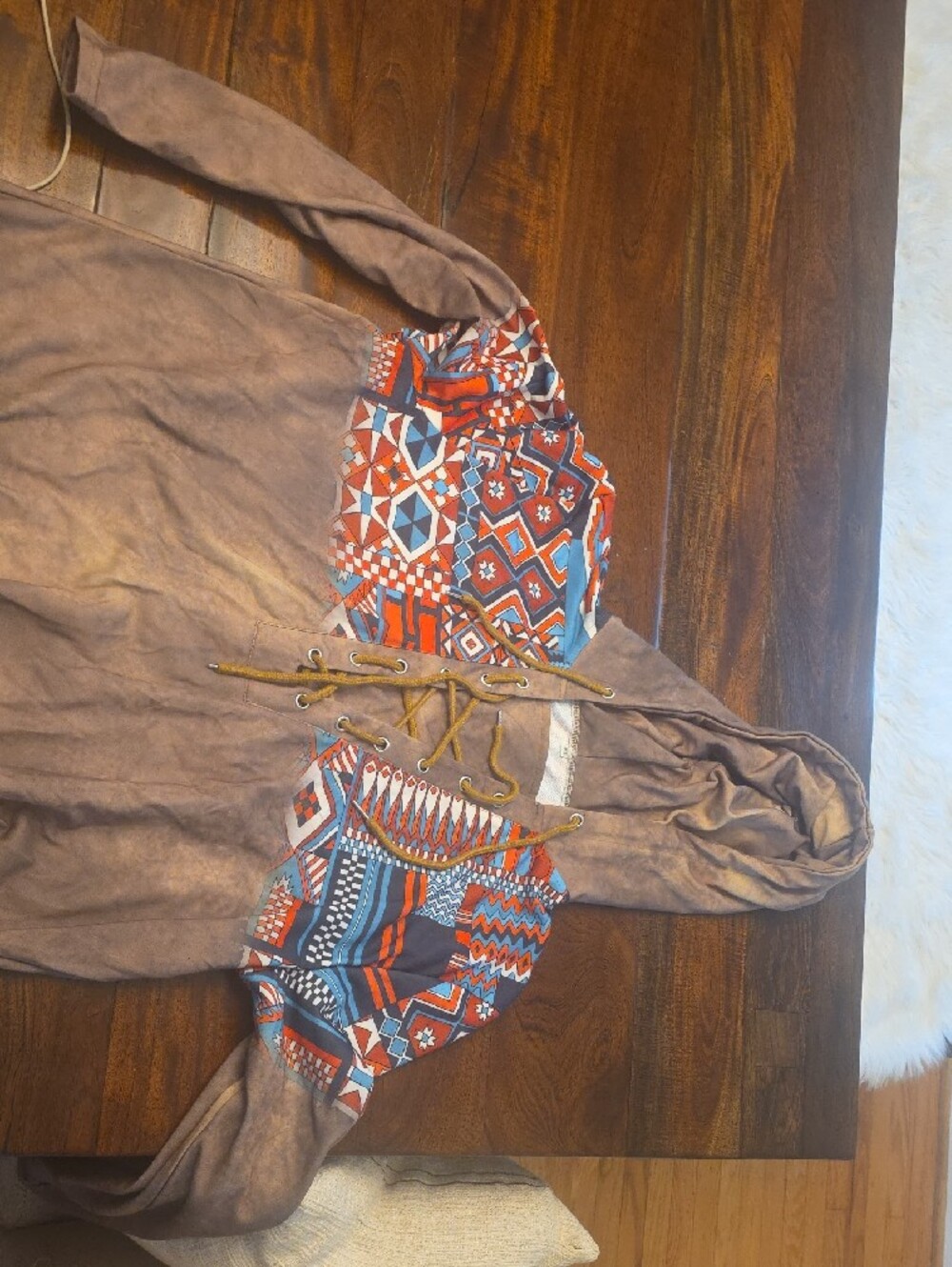 Boho Lace-Up Hoodie with Tribal Print Panels - Rust, Blue, Cream - Picture 2 of 4